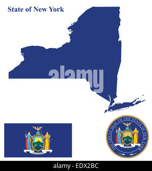 Flag of the State of New York overlaid on detailed outline map isolated on white background Stock Photo