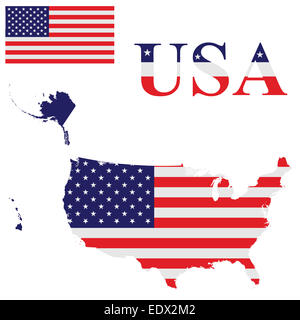 Flag of the United States of America including Alaska and Hawaii overlaid on detailed outline map isolated on white background Stock Photo