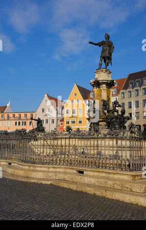 Augustusbrunnen, Augustus Fountain, Rathausplatz, Town Hall Square, Augsburg, Romantische Strasse, Romantic Road, Swabia Stock Photo