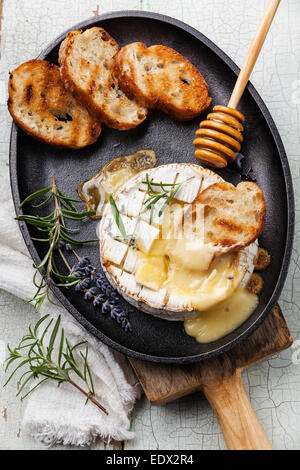 Baked Camembert cheese with toasted bread on cast-iron frying pan Stock Photo