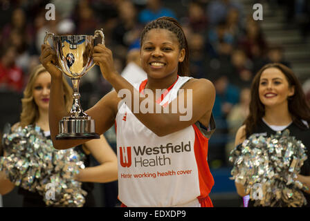 Birmigham, UK. 11th January, 2015.  Stephenie Gandy of the City Of Sheffield Hatters wins the MVP award at the WBBL Finals. Hatters won the match against the Nottingham Wildcats 76-62.  Stephen Bartholomew/Stephen Bartholomew Photography Stock Photo