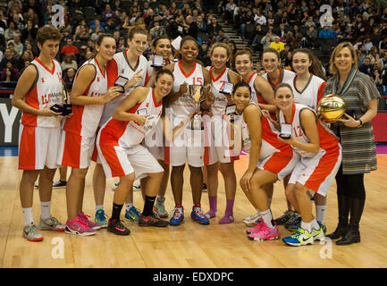 Birmigham, UK. 11th January, 2015.  The City Of Sheffield Hatters win WBBL Trophy Final. Hatters won the match against the Nottingham Wildcats 76-62.  Stephen Bartholomew/Stephen Bartholomew Photography Stock Photo