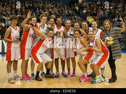 Birmigham, UK. 11th January, 2015.  The City Of Sheffield Hatters win WBBL Trophy Final. Hatters won the match against the Nottingham Wildcats 76-62.  Stephen Bartholomew/Stephen Bartholomew Photography Stock Photo