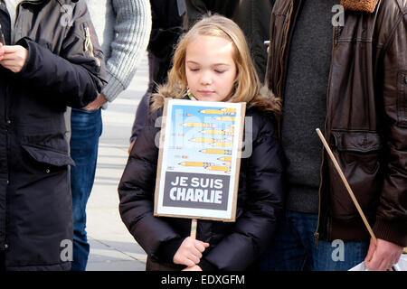 A little girl holds a placard reading ' Je suis Charlie', meaning, I am Charlie Stock Photo