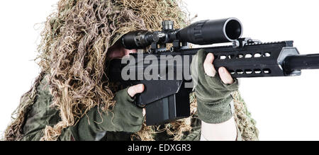 Army sniper wearing a ghillie suit Stock Photo