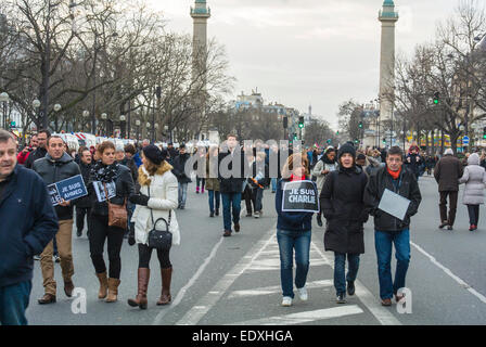 Paris, France. Large Crowd, Family Marching on Street in huge  National Demonstration Against Terrorism, After Attack on French Newspaper, 'Charlie Hebdo', 'je suis Charlie paris' Stock Photo