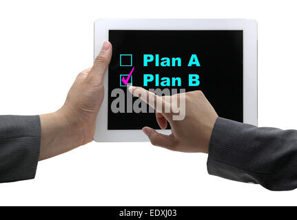 asian Businessman hand choosing plan B option on touch screen tablet Stock Photo