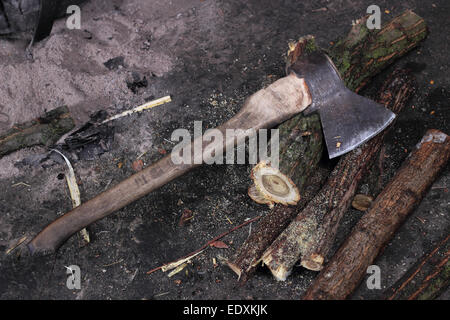 Old axe and firewood against a dark background. Stock Photo