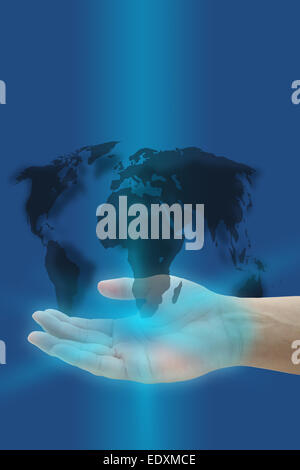 hand hold world map on blue background for globalization concept Stock Photo