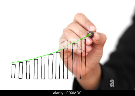 Business Hand Drawing Sales Uptrend Graph Isolated (Selective focus on pen and graph) Stock Photo