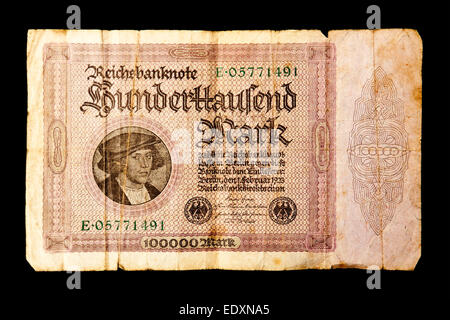 German 100,000 Mark banknote, printed 1st February 1923 during the hyperinflation period of the Weimar Republic