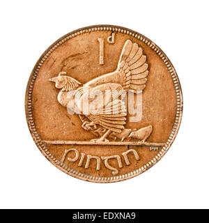 Vintage 1937 "One Penny" (Pingin) Irish coin, featuring a hen and five chicks on the reverse side Stock Photo