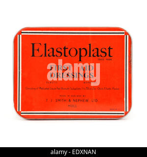 Vintage "Elastoplast" first aid dressings box, made by T.J. Smith & Nephew Ltd, Hull, England. Stock Photo