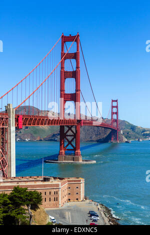 Golden Gate Bridge with Fort Point in the foreground, Presidio park, San Francisco, California, USA Stock Photo