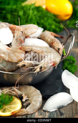 Raw Shrimps on ice with fresh dill and lemon Stock Photo