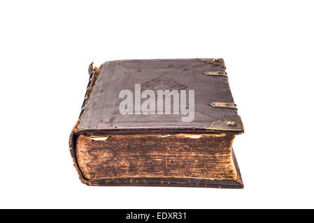 Old book with tarnished pages on a white background. Stock Photo