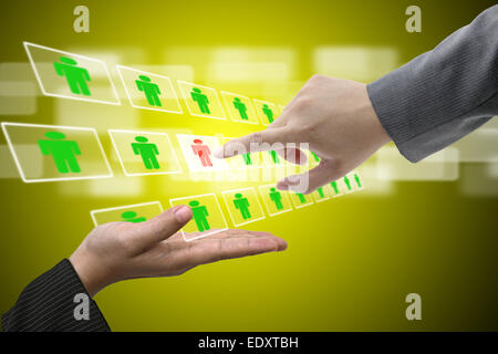 Business Man Hand on Virtual Touch Screen Interface using for Electronic Recruitment Process and Workforce Human Resource concep Stock Photo