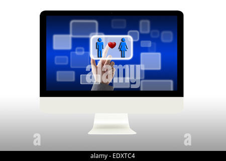 hand touch on Love Button in Virtual LED Computer touch screen Stock Photo