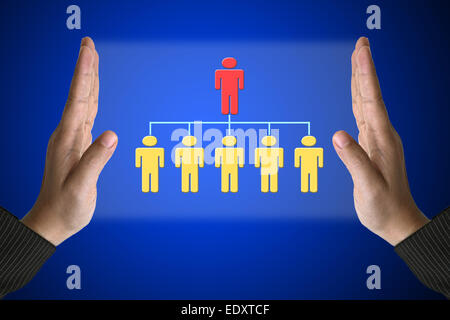 Business Hand with Simple Organization Chart on Technology Virtual Screen for Workforce Concept Stock Photo
