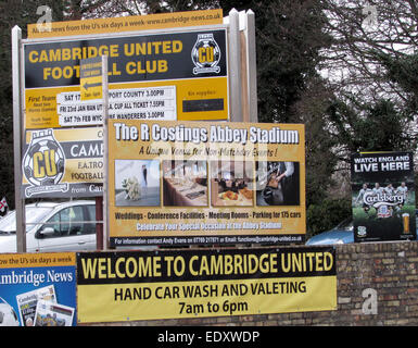 Cambridge, UK. 11th January, 2015. Cambridge United Football Club just 12 days before the visit of Manchester United in the Third Round of the FA Cup. The League 2 club promoted back into the Football League after 10 years in the non league wilderness. The 9,000 capacity R Costings Abbey Stadium is a far cry from the luxury of Man Utd's Old Trafford stadium as shown in the pictures. A  housing the club shop, Supporters Club at the entrance to the stadium, hosts 'Hand Car Wash and Valeting' to raise funds for the parent club in the main car park. Credit: KEITH MAYHEW/Alamy Live News