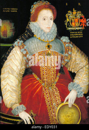 Elizabeth I, Queen of England, depicted with a sieve in her left hand. The sieve alludes to the myth of Tuccia, a roman Vestal Virgin who proved her virginity by carrying water with a sieve.  George Gower 1579 Stock Photo
