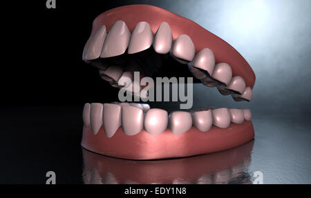 A sinister dramatic depiction of seperated upper and lower sets of human teeth set in gums on a dark eerie spotlit background Stock Photo