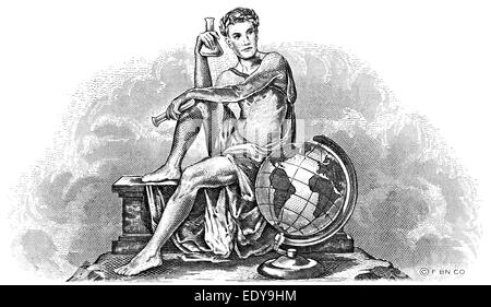 Steel engraving, allegorical depiction, global research in chemistry, historical share, detail, Stock Photo