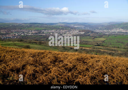 View looking north from The Garth Mountain above Taffs Well, South Wales, Valleys, UK. Stock Photo