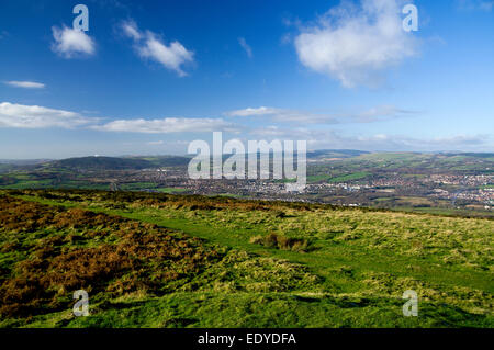 View looking north from The Garth Mountain above Taffs Well, South Wales, Valleys, UK. Stock Photo