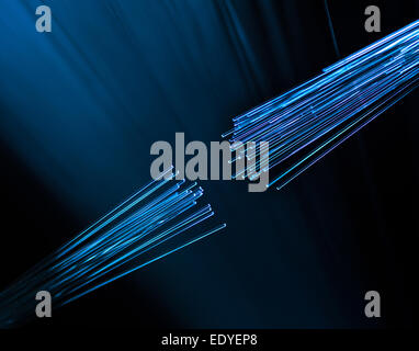 two fiber optic cables connecting on defocused background Stock Photo