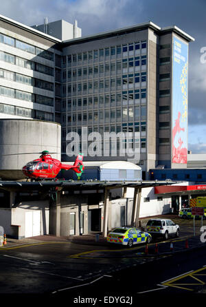 Wales Air Ambulance on helipad, University Hospital of Wales, Heath Park, Cardiff, Wales, UK. Stock Photo