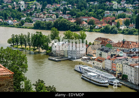 Ortsspitze, Dreiflüsseeck, old town, River Danube, Inn River, slight flood, Passau, Lower Bavaria, Bavaria, Germany Stock Photo