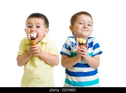 funny children or kids, little boys eat ice-cream isolated on white Stock Photo