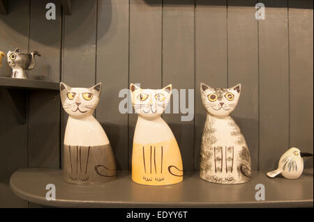 Olympia, London, UK. 12th January, 2015. Top Drawer, Home and Craft gift and fashion accessories trade show runs from 11-13 January where retail buyers can meet innovative exhibitors and designers. All things cats on the Hannah Turner Ceramics stand. Credit:  Malcolm Park editorial/Alamy Live News Stock Photo