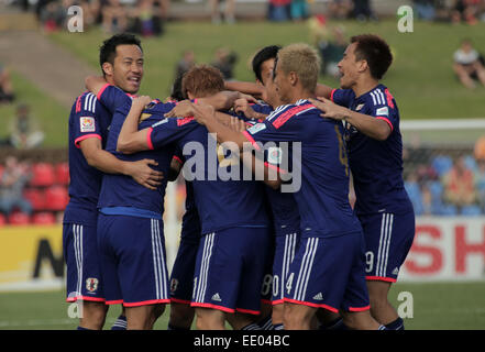 Newcastle, Australia. 12th Jan, 2015. Team Japan celebrates victory after a Group D match against Palestine at the AFC Asian Cup in Newcastle, Australia, Jan. 12, 2015. Japan won 4-0. Credit:  Qiu Zhongquan/Xinhua/Alamy Live News Stock Photo