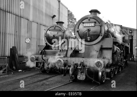 Steam engines Eric Treacy and the Green Knight Grosmont engine sheds on the North Yorkshire Moors railway Stock Photo