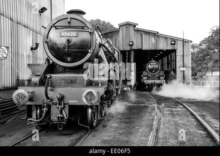 Steam engines Eric Treacy and the Green Knight Grosmont engine sheds on the North Yorkshire Moors railway Stock Photo