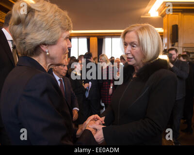 Berlin, Germany. 12th Jan, 2015. Publisher Friede Springer (L) greets German Minister for Education and Research Johanna Wanka (CDU, R) at the New Year's Reception of Axel Springer SE in Berlin, Germany, 12 January 2015. People from politics, the business world, and culture met for this reception. PHOTO: LUKAS SCHULZE/dpa/Alamy Live News Stock Photo
