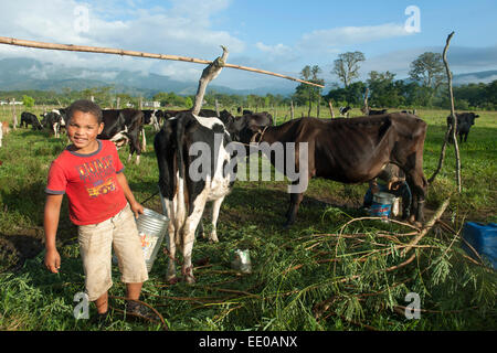 Dominikanische Republik, Südwesten, Kind mit Kuh auf Weide bei Rancho Arriba östlich von San Jose de Ocoa an der Strasse zur A Stock Photo