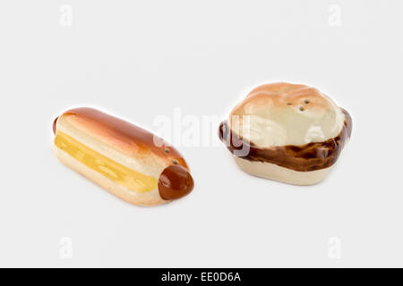 Antique, Novelty, Ceramic, Frank and Burger Salt and Pepper Shakers. Stock Photo