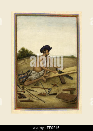 Castes and tribes of India, Khati or Tarkhan, carpenter caste of the Panjab, Man sawing a plank. Tashrih al-aqvam Stock Photo