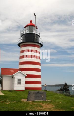 Quoddy Head Lighthouse and my brother near West Lubec, Maine - USA Stock Photo