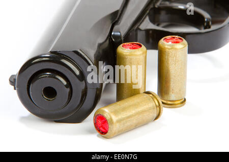 Black handgun And ammunition isolated on white pistol with ammo isolated Stock Photo