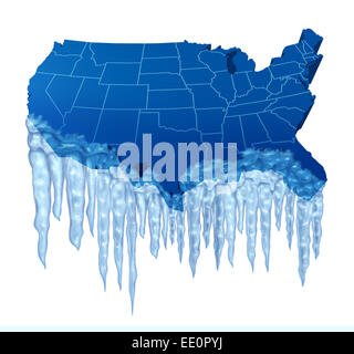 American deep freeze and freezing cold temperature in the United States concept as a blue map of America with frozen ice and icicles. Stock Photo