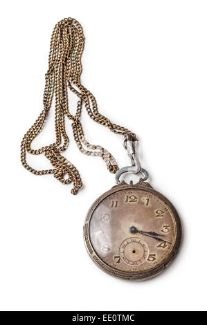 Old silver pocket watch with a chain isolated on white background Stock Photo
