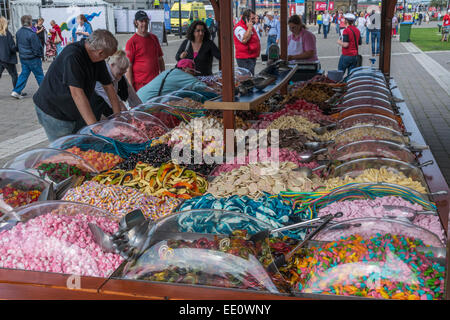 Selection of multi-colored candy sweets for sale at the Tall Ships Regatta in Greenwich, London. EDITORIAL USE ONLY Stock Photo