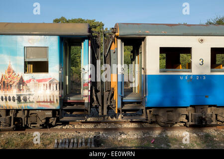 Train Carriages at The Railway Station in Kanchanaburi Thailand Stock Photo