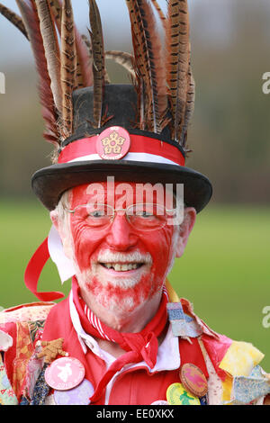 Straw Bear Festival . . Whittlesey, Cambridgeshire, UK . . 11.01.2014 A member of the Leicester Red Morris men. The Whittlesea Straw Bear festival celebrates the old Fenland plough custom of parading straw bears around the town every January. The procession, led by the Straw Bear, has over 250 dancers, musicians and performers. They perform traditional Molly, Morris, Clog and Sword dancing. © Paul Marriott/Alamy Live News Stock Photo