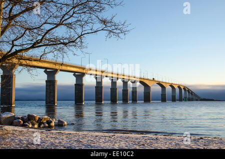 The Oland bridge in Sweden in the first winter morning sun. The bridge is one of the longest bridges in Europe and is connecting Stock Photo