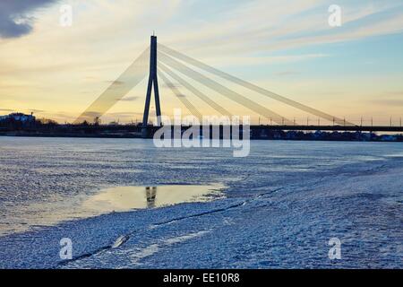 Vansu Tilts or Vansu Bridge over the frozen River Daugava, Riga, Latvia ...